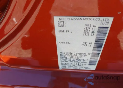 2020 Nissan Altima Sr Fwd из США, поврежденный, VIN 1N4BL4CV5LN313461